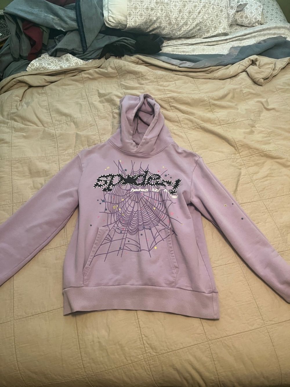 Lavender Graphic Hooded Sweatshirt with Spiderweb Motif